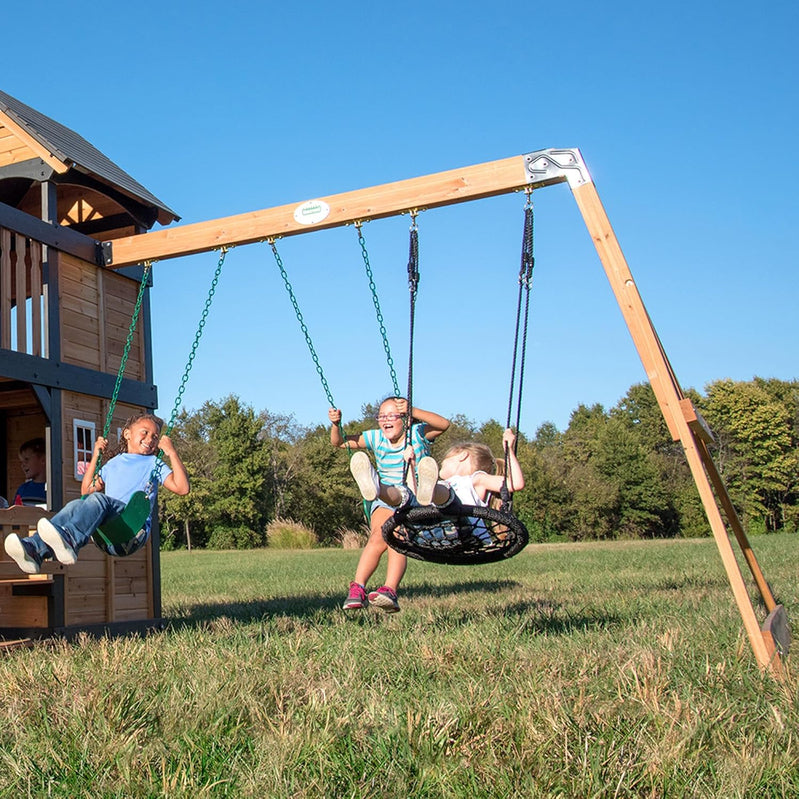 Backyard Discovery Canyon Creek Cedar Wood Swing Set With Wave Slide, Clubhouse, Play Kitchen, Picnic Area, Belt Swings, Web Swing, Rock Wall