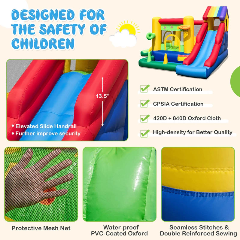 Costway Colorful Rainbow Kids Inflatable Bounce Castle With 50 Ocean Balls And 735W Blower