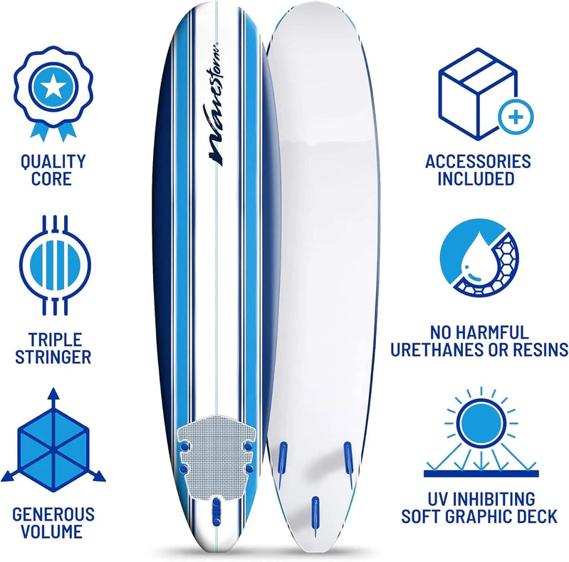 Wavestorm 8 Ft. Classic Surfboard//Foam Wax Free Soft Top Longboard For Adults And Kids Of All Levels Of Surfing