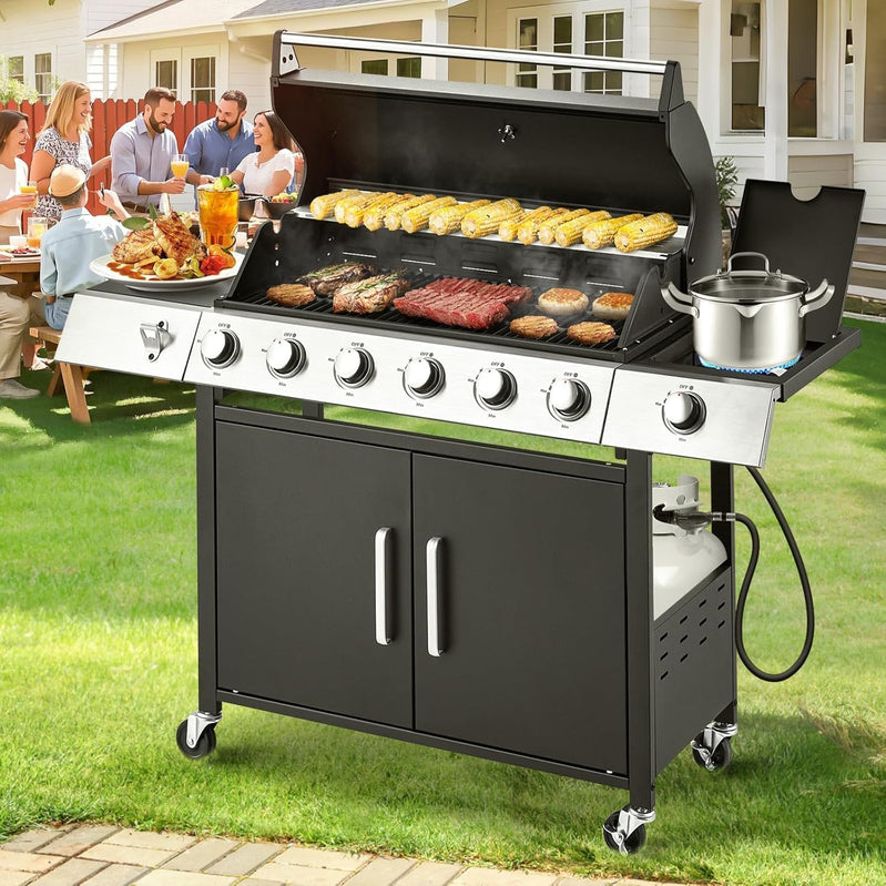 Upgraded 4 Burner Bbq Propane Gas Grill With Cast Iron Grates And Side Stove, 44,000 BTU Stainless Steel Burner Barbecue Grill For Patio