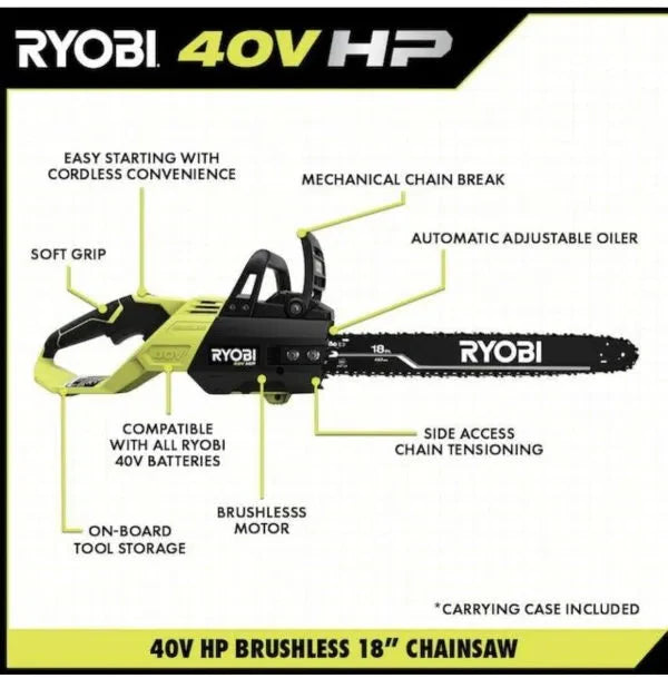 Ryobi 18 In. 40V Cordless Chainsaw Kit With Battery And Charger, Green