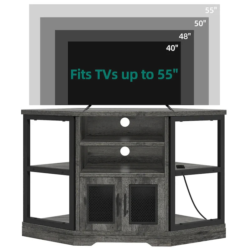 Farmhouse Corner TV Stand Entertainment Center Media Console For TVs Up To 55 With Power Outlet