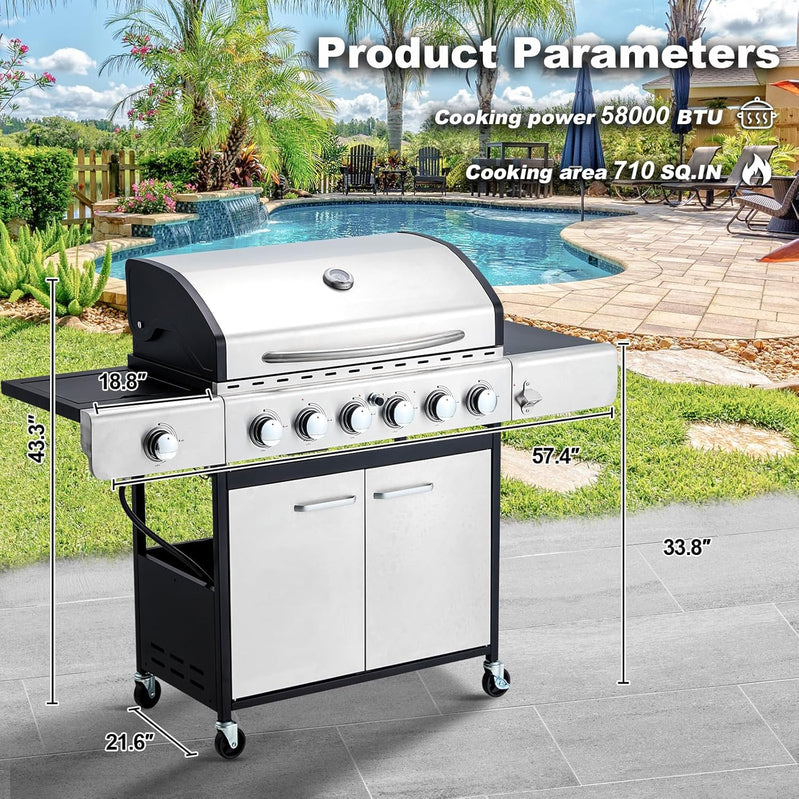 Upgraded 4 Burner Bbq Propane Gas Grill With Cast Iron Grates And Side Stove, 44,000 BTU Stainless Steel Burner Barbecue Grill For Patio