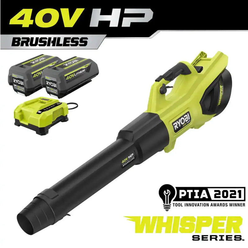 Ryobi 40V HP Brushless Whisper Series 190 MPH 730 CFM Cordless Battery Jet Fan Leaf Blower With 2 4.0 Ah Batteries And Charger