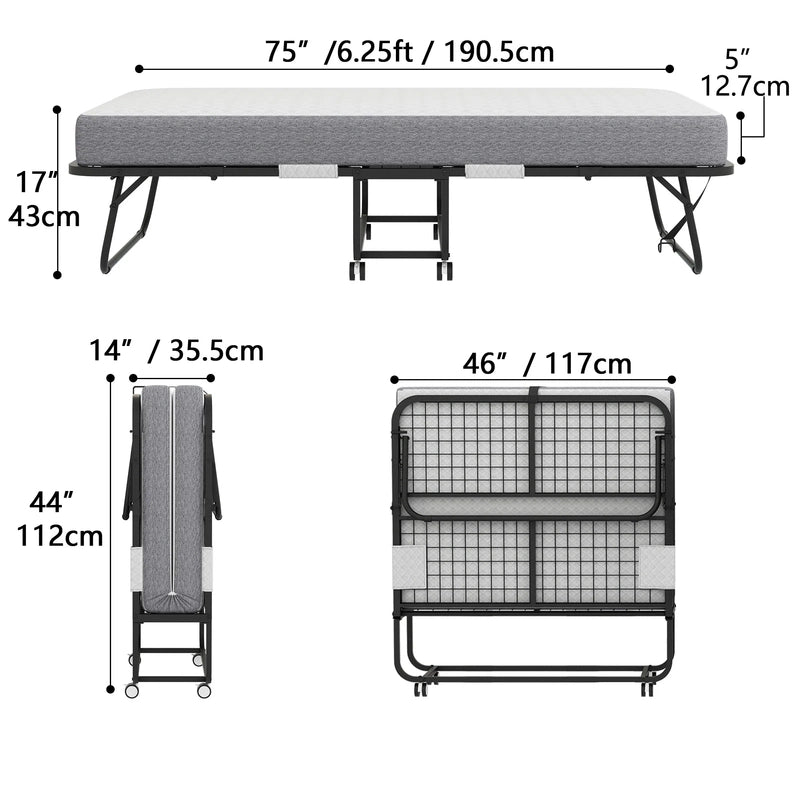 Folding Bed With Mattress 75 In. x 31 In. Cot Size Folded Bed