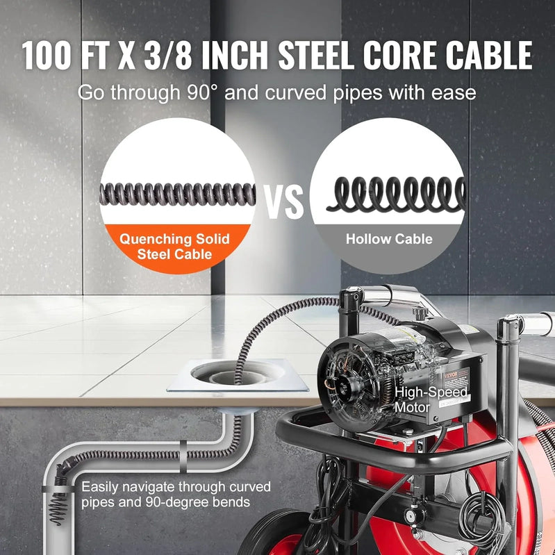 Drain Cleaner Machine 100 Ft. x 1/2 In, Auto Feed Sewer Snake Auger On Wheels