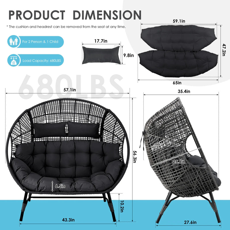 Radiata Double Egg Chair For 2 Person, Oversized Wicker Loveseat With Thick Cushions, 680 Lbs Capacity
