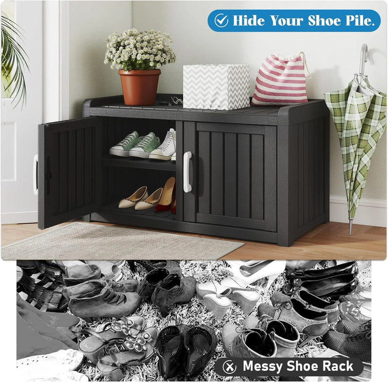 Kamaboko Outdoor Shoe Storage Cabinet, Waterproof UV-Resistant Entryway Storage Bench Indoor Outdoor With 2 Barn Doors