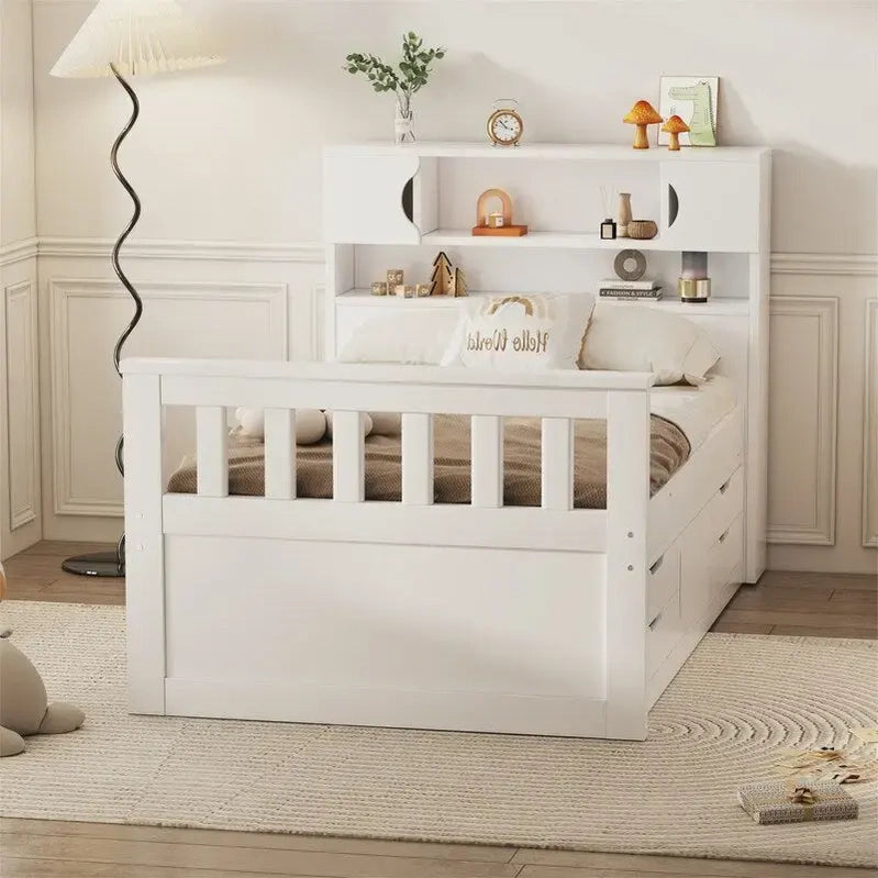 Twin/Full Size Captain Platform Bed With 4 Drawers And Storage Shelves, Solid Wood Bed Frame With Storage Bookcase Headboard