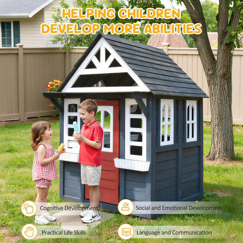 Coclub Outdoor Playhouse For Kids Ages 4-8, Wooden Play House With Doorbell, Phone, Kitchen Toys, Outdoor Kids Play Equipment, Casa Para Ni As