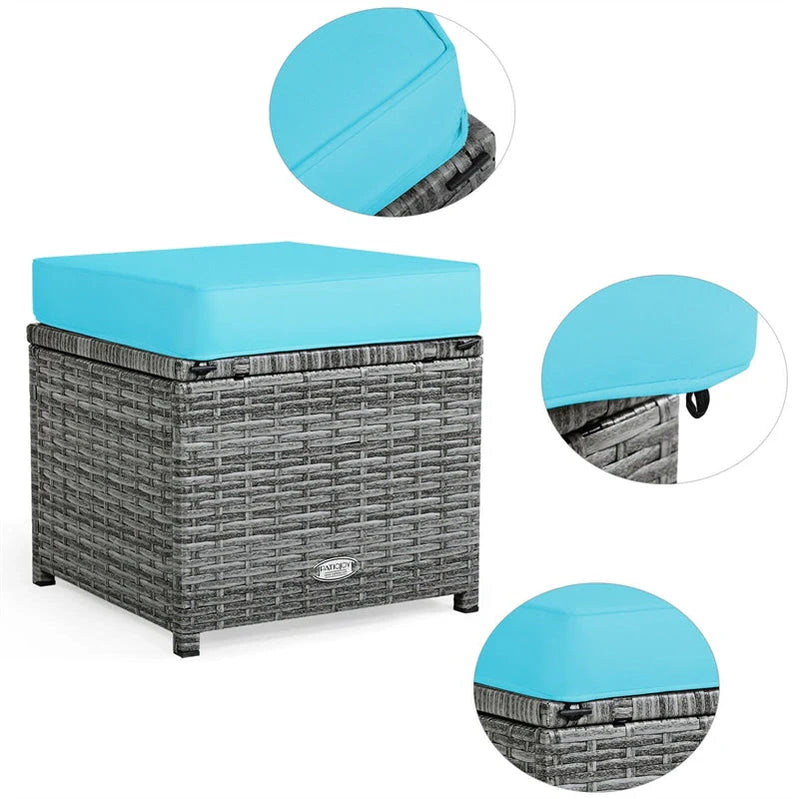 7 Pcs Rattan Patio Dining Furniture Sectional Sofa Set With Dining Table, Ottomans And Cushions