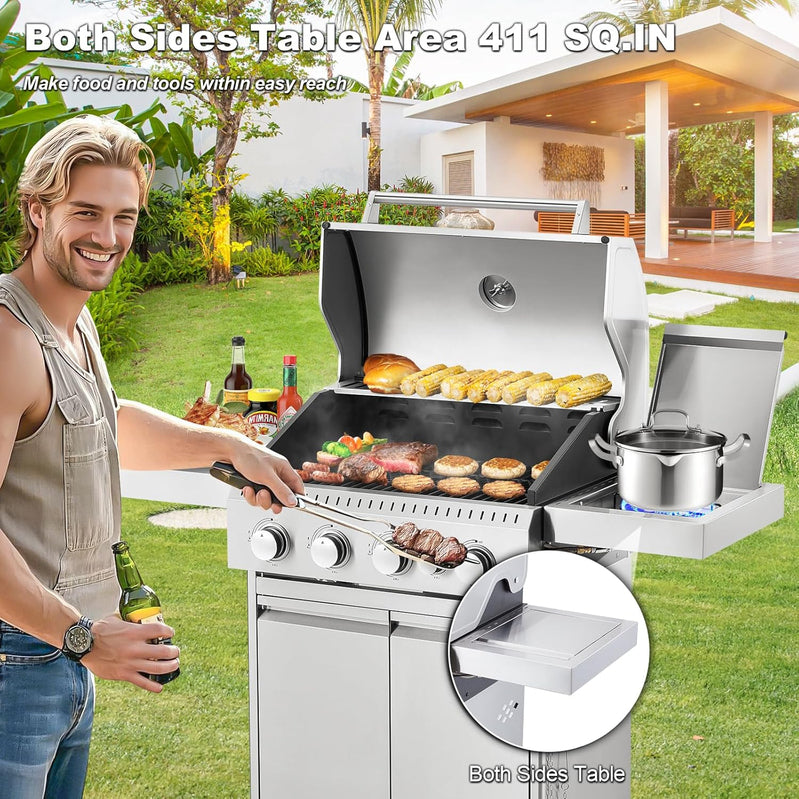 Upgraded 4 Burner Bbq Propane Gas Grill With Cast Iron Grates And Side Stove, 44,000 BTU Stainless Steel Burner Barbecue Grill For Patio
