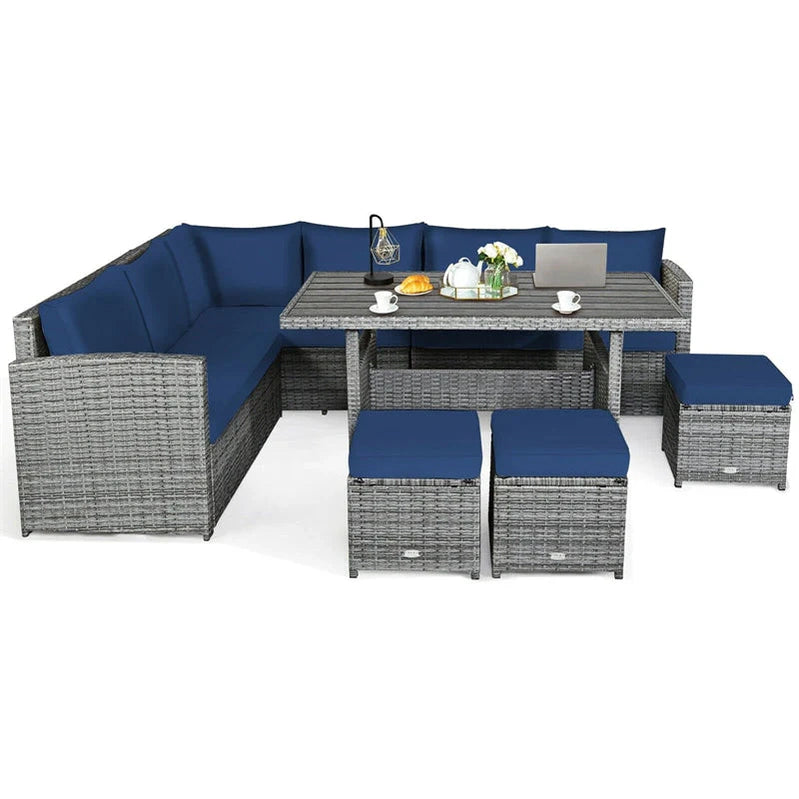 7 Pcs Rattan Patio Dining Furniture Sectional Sofa Set With Dining Table, Ottomans And Cushions