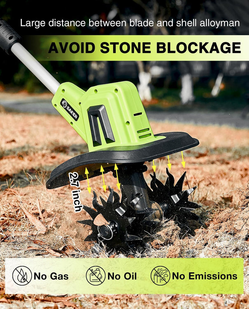 Saker 22V Cordless Electric Garden Tiller Cultivator Lightweight Rototiller For Gardening