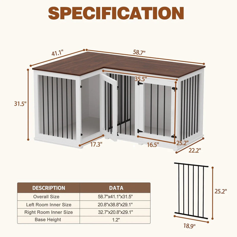 Large Corner Dog Crate Furniture For 2 Dogs, L Shape Dog Crate Cage, 58.7X41.1