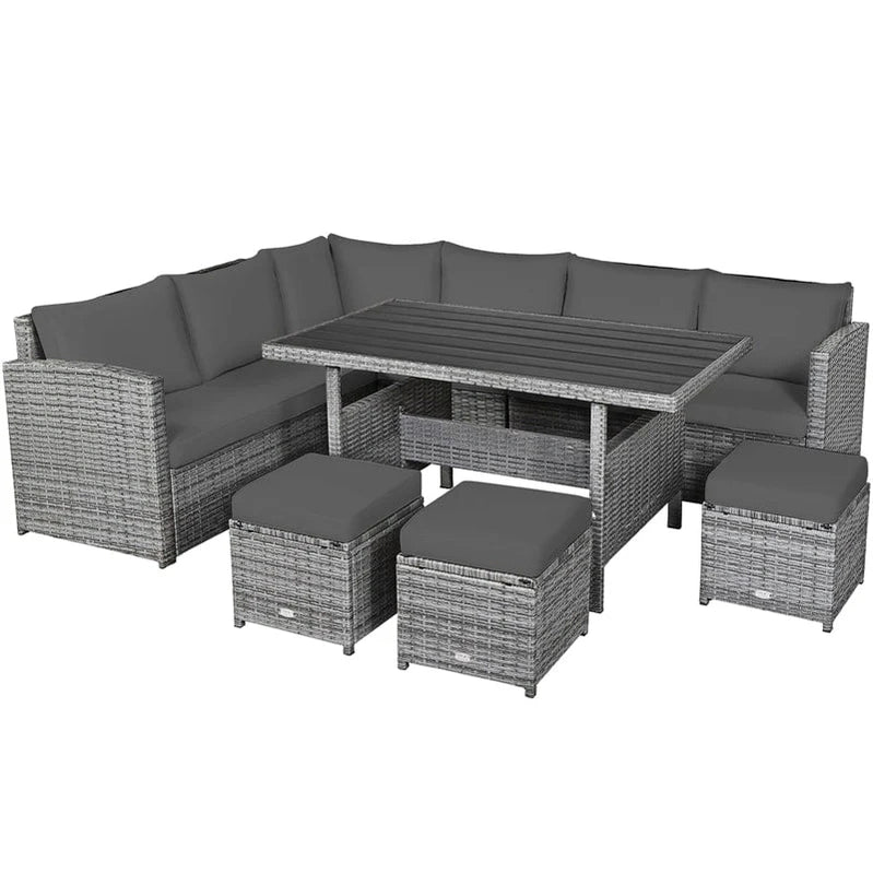 7 Pcs Rattan Patio Dining Furniture Sectional Sofa Set With Dining Table, Ottomans And Cushions