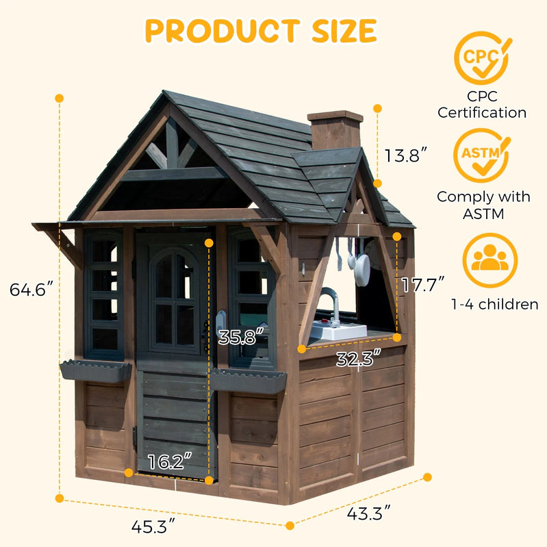 Coclub Outdoor Playhouse For Kids Ages 4-8, Wooden Play House With Doorbell, Phone, Kitchen Toys, Outdoor Kids Play Equipment, Casa Para Ni As