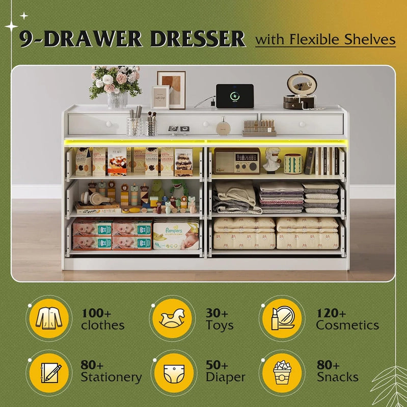 9 Drawer LED Dresser For Bedroom, 58.35 In. Wide Wood Dresser Storage Organizer With Power Outlets For 65 In. TV, Dressers With Open Shelves
