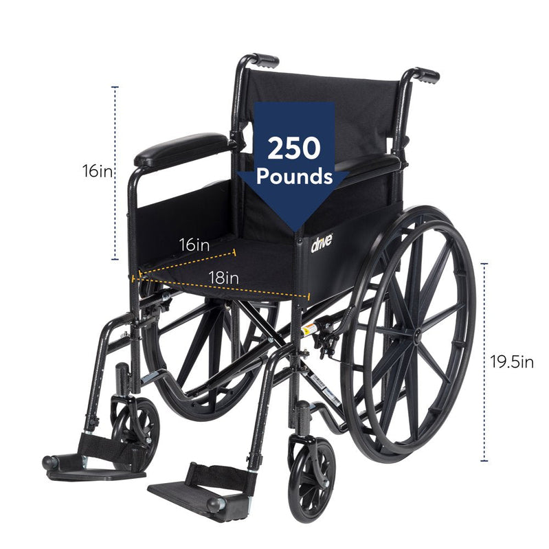 Drive Medical Silver Sport 1 Wheelchair With Full Arms And Swing Away Removable Footrest