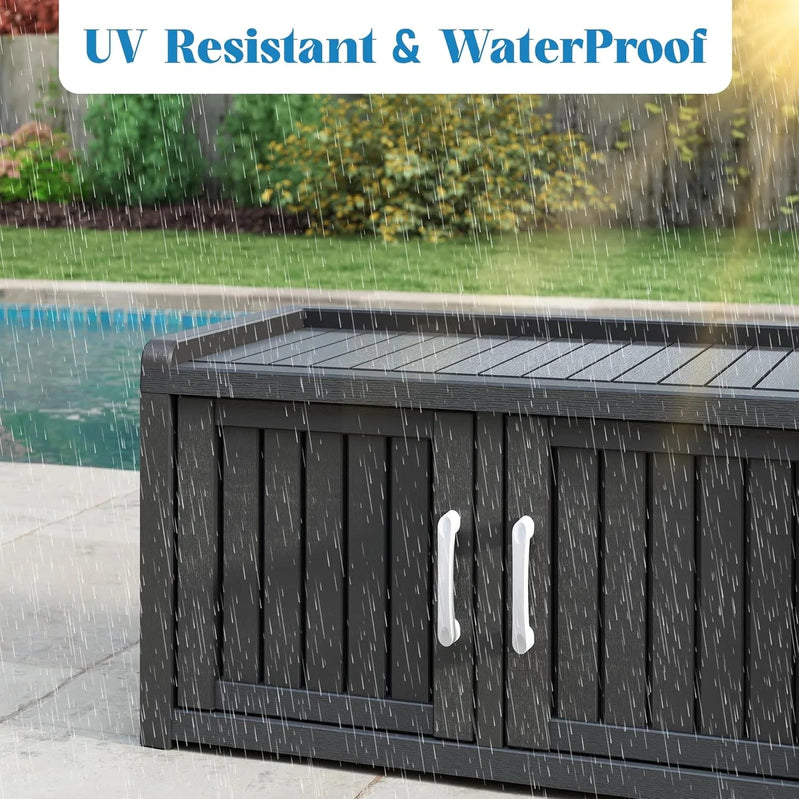 Kamaboko Outdoor Shoe Storage Cabinet, Waterproof UV-Resistant Entryway Storage Bench Indoor Outdoor With 2 Barn Doors