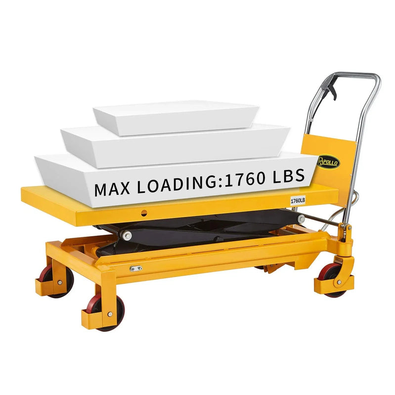 Apollolift Hydraulic Lift Table Cart, 770 Lbs Capacity, 51 In. Max Height, Double Scissor Lift With Safety Guard And 4 Wheels