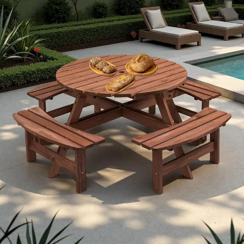 8-Person Outdoor Patio Fir Wood Round Picnic Dining Set With 4 Built-In Benches And Umbrella Hole