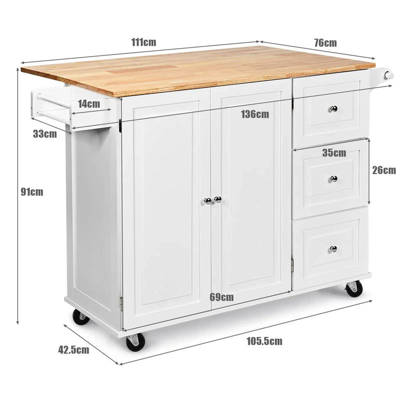 Giantex Kitchen Island Cart, Large Trolley Cart w/Drop-Leaf Tabletop, Large Cabinet, 3 Drawers, Spice Rack, Towel Rack