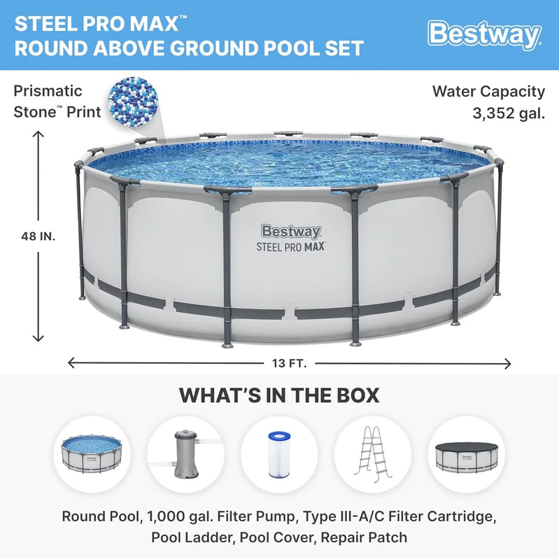 Steel Pro MAX 14 Ft. x 48 In. Round Metal Frame Above Ground Outdoor Swimming Pool Set With 1,000 Filter Pump, Ladder, And Cover, Gray