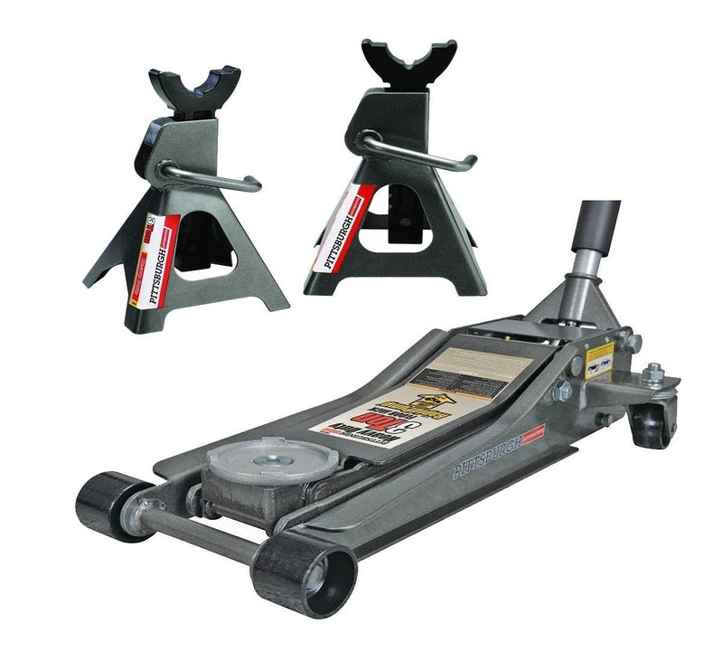 Pittsburg 3 Ton Low Profile Floor Jack And Jack Stands Set Combo With Rapid Pump Quick Lift