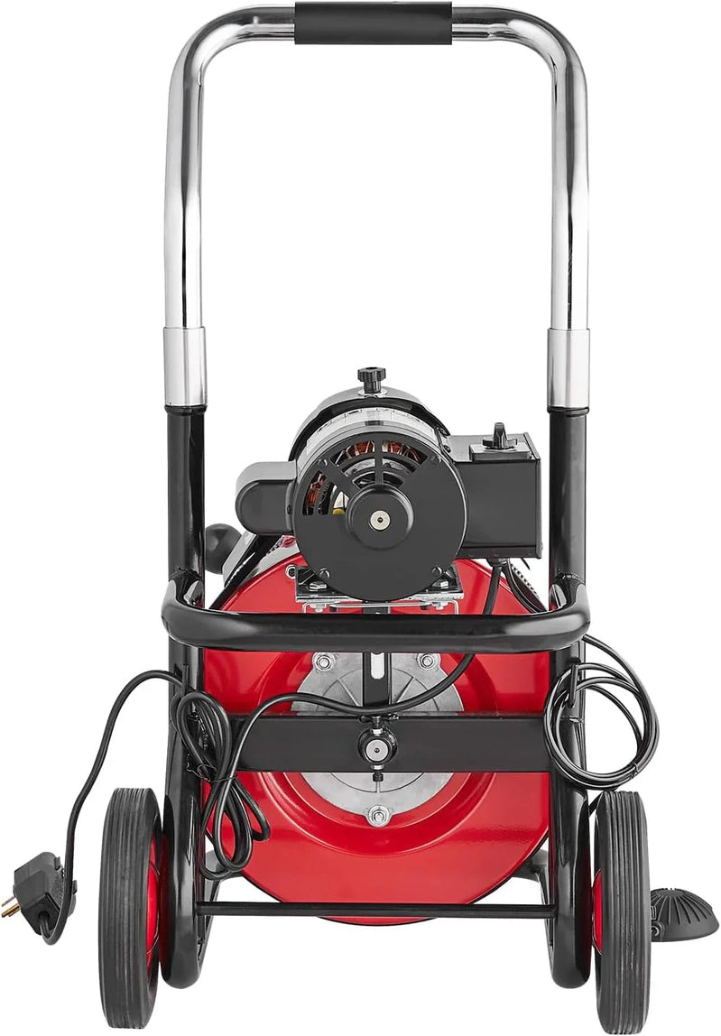 Drain Cleaner Machine 100 Ft. x 1/2 In, Auto Feed Sewer Snake Auger On Wheels