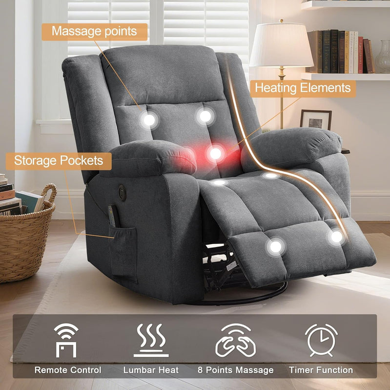 Rocker Recliner, Glider Recliner Chairs For Adults, 360 Degree Swivel Rocking Chair With Massage And Heating