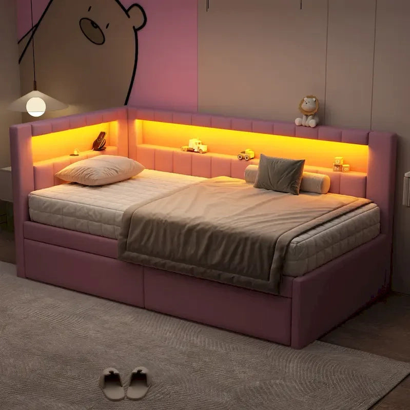 Upholstered Platform Bed With USB Ports And LED Lighting, Full/Twin Size Bed Frame With 2 Storage Drawers, Modern Bedroom