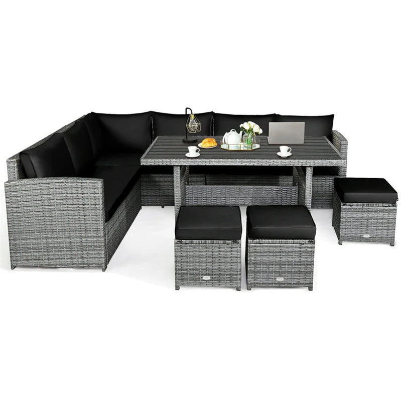 7 Pcs Rattan Patio Dining Furniture Sectional Sofa Set With Dining Table, Ottomans And Cushions