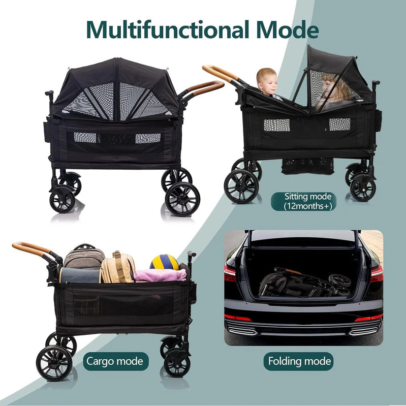 Wagon Stroller For 2 Kids And Cargo-Travel Stroller Push-Pull Double Wagon Lightweight Folding Stroller For Newborn And Toddler With 5-Point