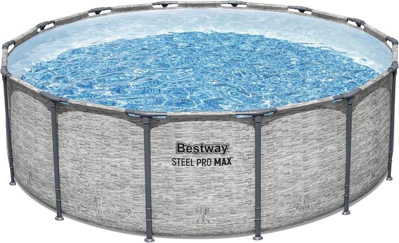 Steel Pro MAX 14 Ft. x 48 In. Round Metal Frame Above Ground Outdoor Swimming Pool Set With 1,000 Filter Pump, Ladder, And Cover, Gray