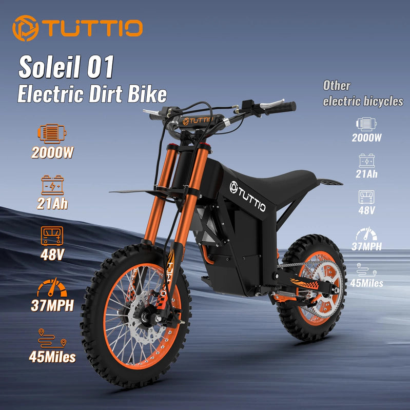 Tuttio Soleil01 Adult Electric Dirt Bike, With Branded Helmet, 2000W, 48V 21Ah Battery, 37Mph Full Suspension Mountain E-Bike
