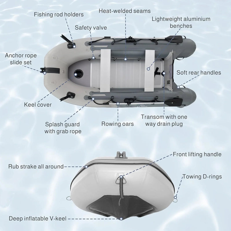 Inflatable Boat, Yacht Dinghy Tender Raft, Multi Person Fishing Boat, Aluminum Floor Oars, Fishing Rod Holders, Heavy-Duty PVC, 2024 Model