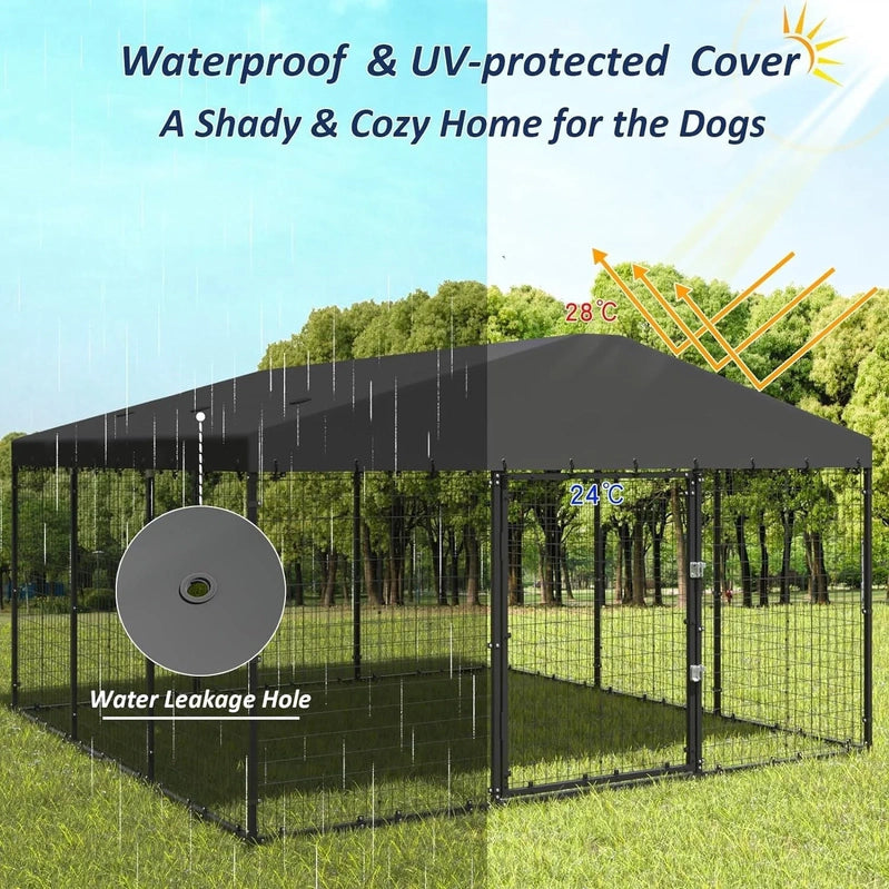 W 118 x D 118 x H 70 Large Outdoor Dog Kennel, Heavy Duty Dog Cage Enclosure With Waterproof Roof