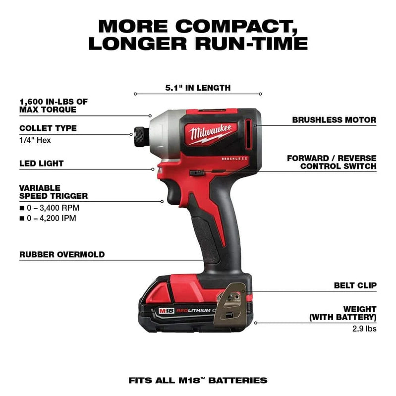 M18 18V Lithium-Ion Brushless Cordless Compact Drill/Impact Combo Kit, 2-Tool With 2 2.0Ah Batteries, Charger And Bag 2892-22CT