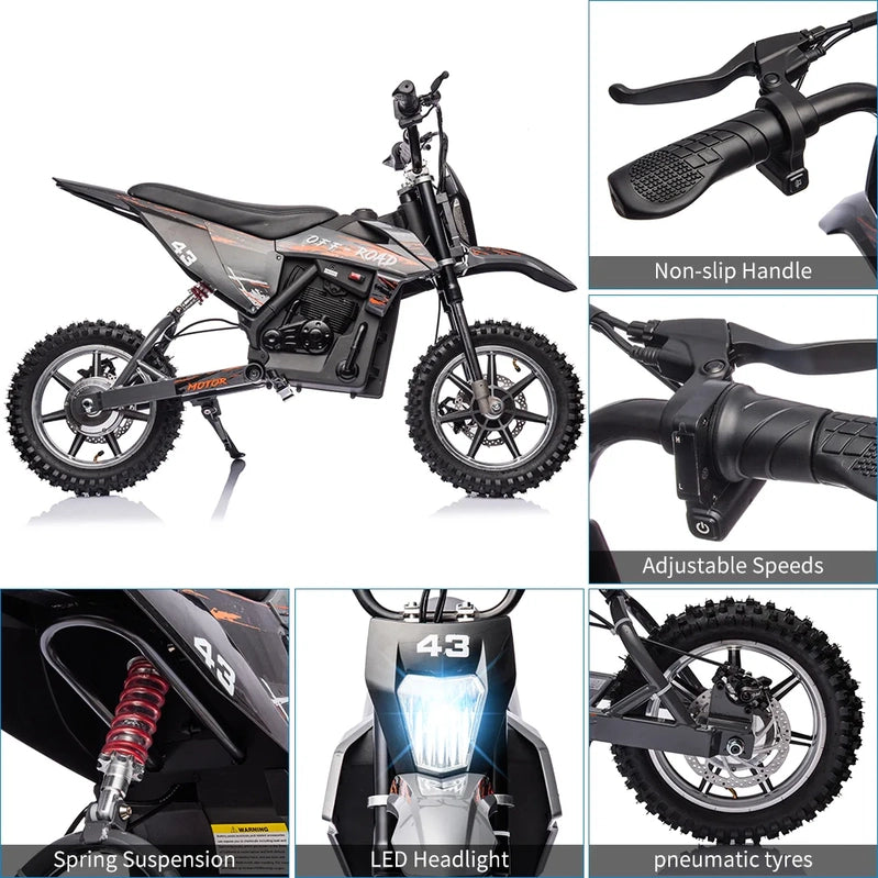 Electric Dirt Bike For Kids, 36V Ride On Motorcycle, Up To 15.5MPH, 350W Brushless Motor, LED Headlight, Leather Seat, Front And Back Brakes