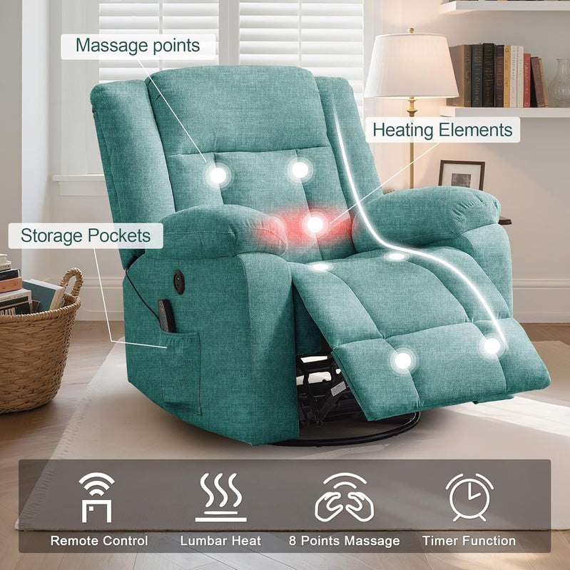 Rocker Recliner, Glider Recliner Chairs For Adults, 360 Degree Swivel Rocking Chair With Massage And Heating