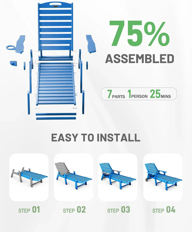 Lounge Chair Outdoor, Chaise Lounge, HDPE 6-Position Outdoor Chaise Lounge