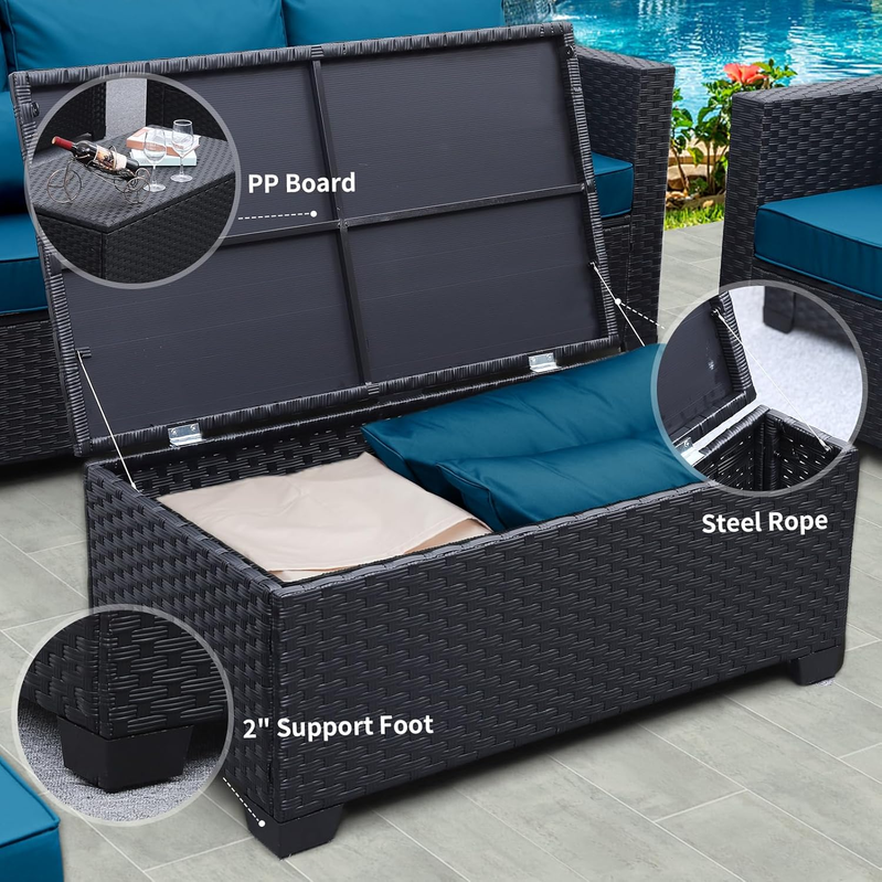 Rattaner Patio Furniture Set 6 Pieces Couch Outdoor Chairs Coffee Table Peacock Blue Anti-Slip Cushions And Waterproof Covers