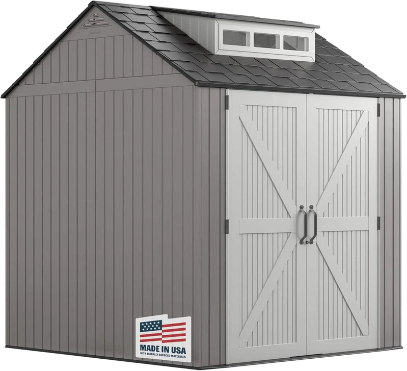 Rubbermaid Resin Garden Shed With Floor, 2.13 x 2.13 M, Weatherproof, Grey, For Storing Garden Tools, Lawnmowers, Bicycles And Pool Accessories