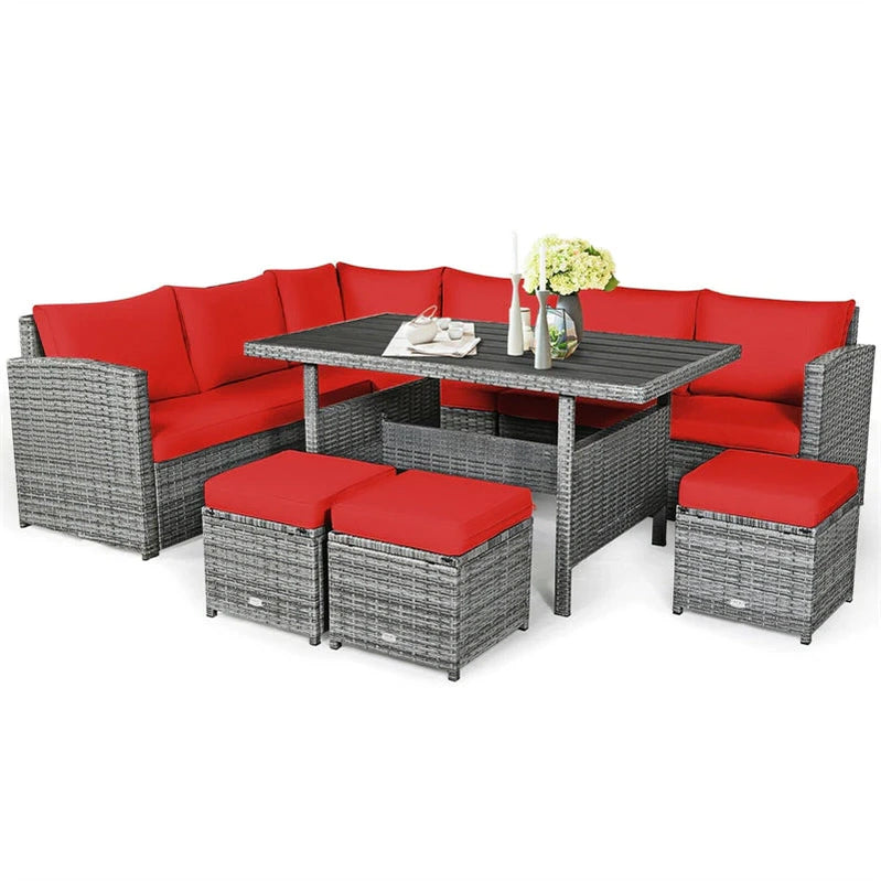 7 Pcs Rattan Patio Dining Furniture Sectional Sofa Set With Dining Table, Ottomans And Cushions