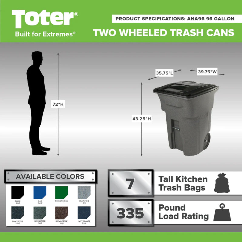 Toter 96 Gallon Trash Can With Smooth Wheels And Lid
