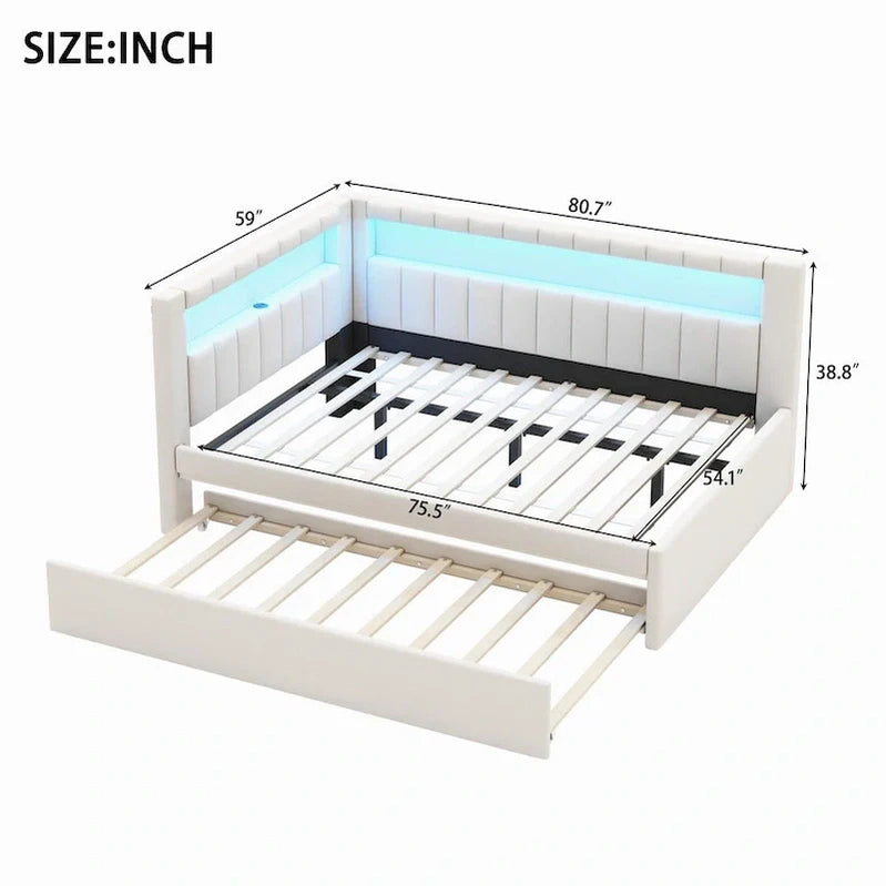 Upholstered Platform Bed With USB Ports And LED Lighting, Full/Twin Size Bed Frame With 2 Storage Drawers, Modern Bedroom