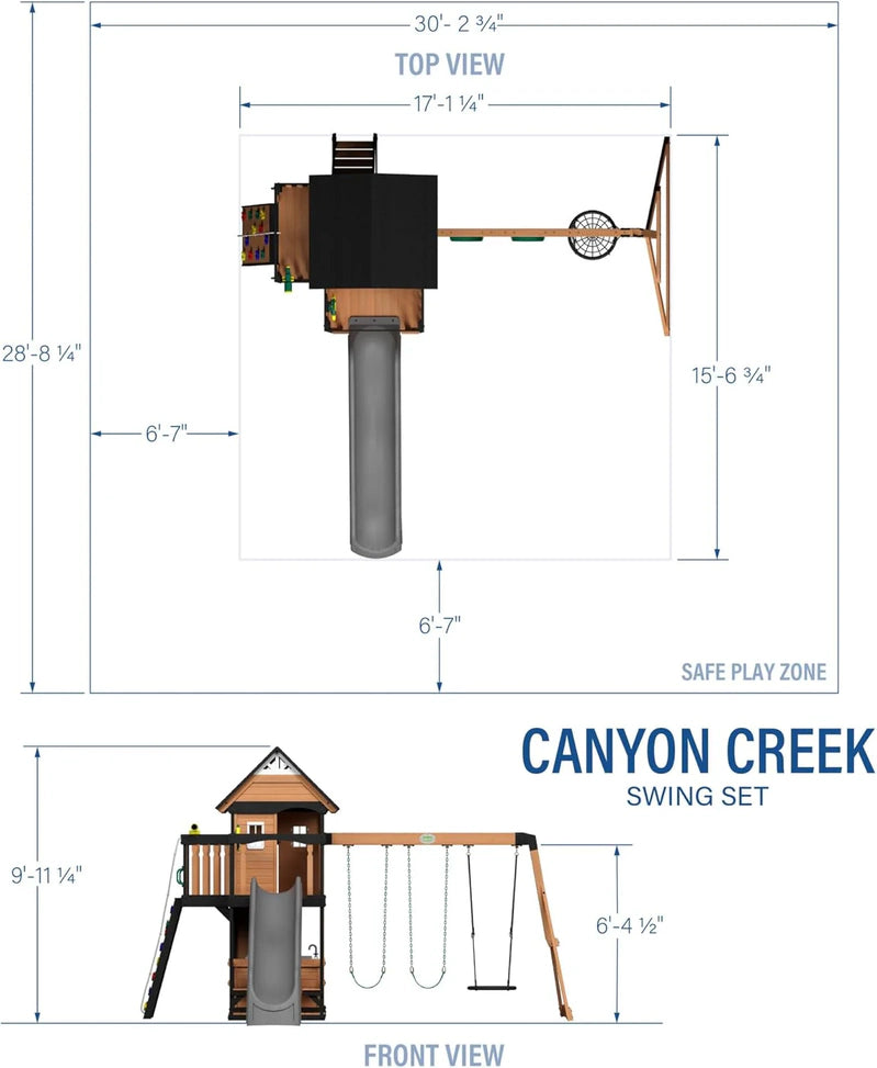 Backyard Discovery Canyon Creek Cedar Wood Swing Set With Wave Slide, Clubhouse, Play Kitchen, Picnic Area, Belt Swings, Web Swing, Rock Wall