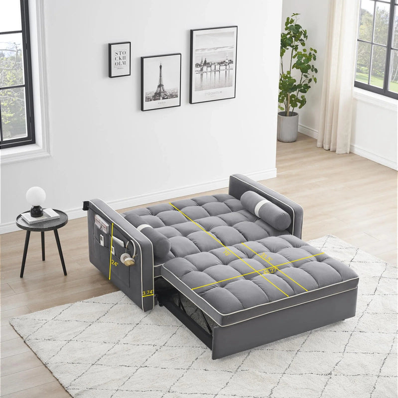 3-in-1 Sleeper Sofa Couch Bed, Small Tufted Velvet Convertible Loveseat Futon Sofa w/Pullout Bed, Adjustable Backrest, Cylinder Pillows