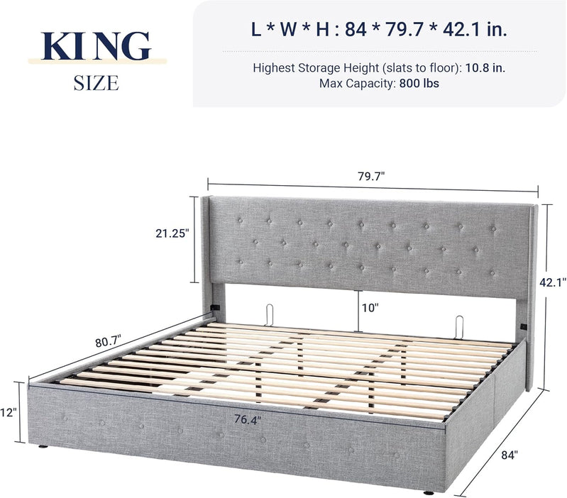 Allewie Queen Size Lift Up Storage Bed, Modern Wingback Headboard, Hydraulic Support, No Box Spring Needed, Light Beige
